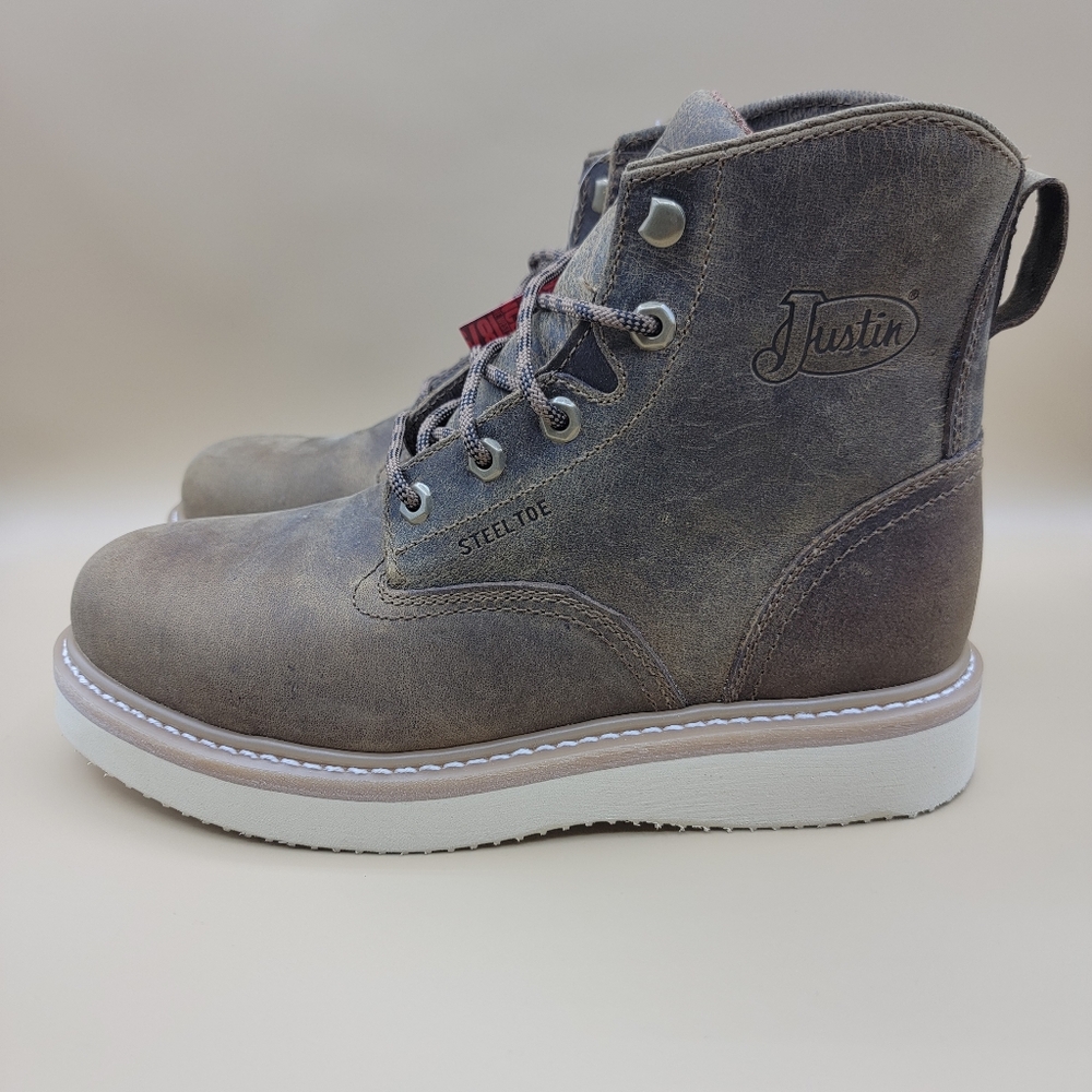 Justin Boots Maxwell Tan Water Buffalo 6" Men's Round Steel Toe Boots Sz 9.5 D